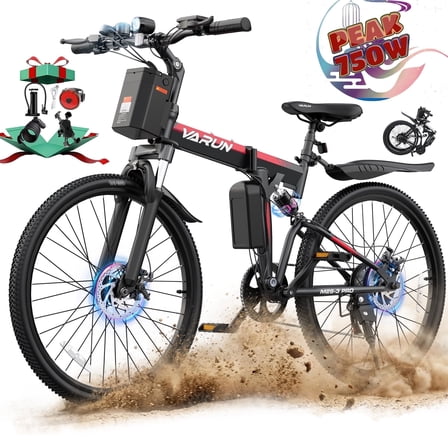 VARUN Electric Bike for Adults, 26" Foldable E-Bike with Peak 750W Motor, 48V 374.4Wh Removable Battery, up to 20+ mph 50 Miles, 7-Speed Gears, Full Suspension System, Folding Electric Mountain Bike