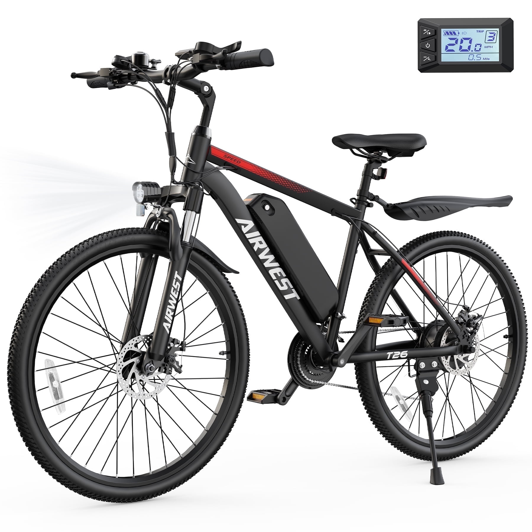 AIRWEST Electric Bicycle - 26 Inch Electric Bike for Adults - 500W 20MPH Electric Bikes Equipped with 48V 7.8AH Removable Lithium Battery - 21 Speed Gear & Front and Rear Disc Brake, UL2849