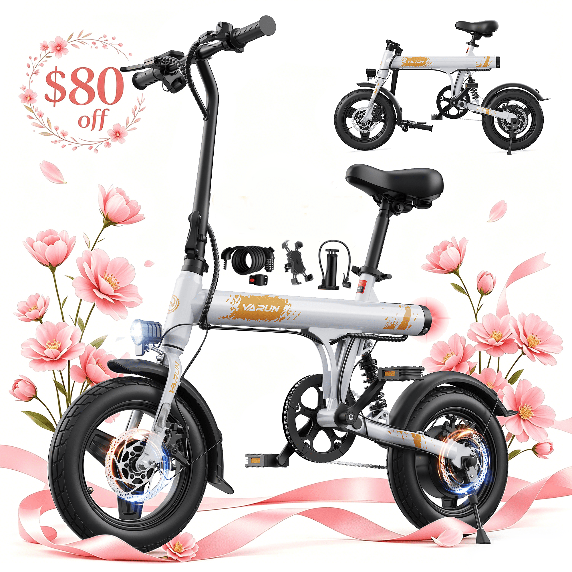 VARUN Electric Bike, 14" Folding EBike for Adults Teens, Peak 500W 36V 280.8Wh Battery, Mini Commuter City Ebike with Rear Shock Suspension up to 20MPH, 25Mile Range,UL2849