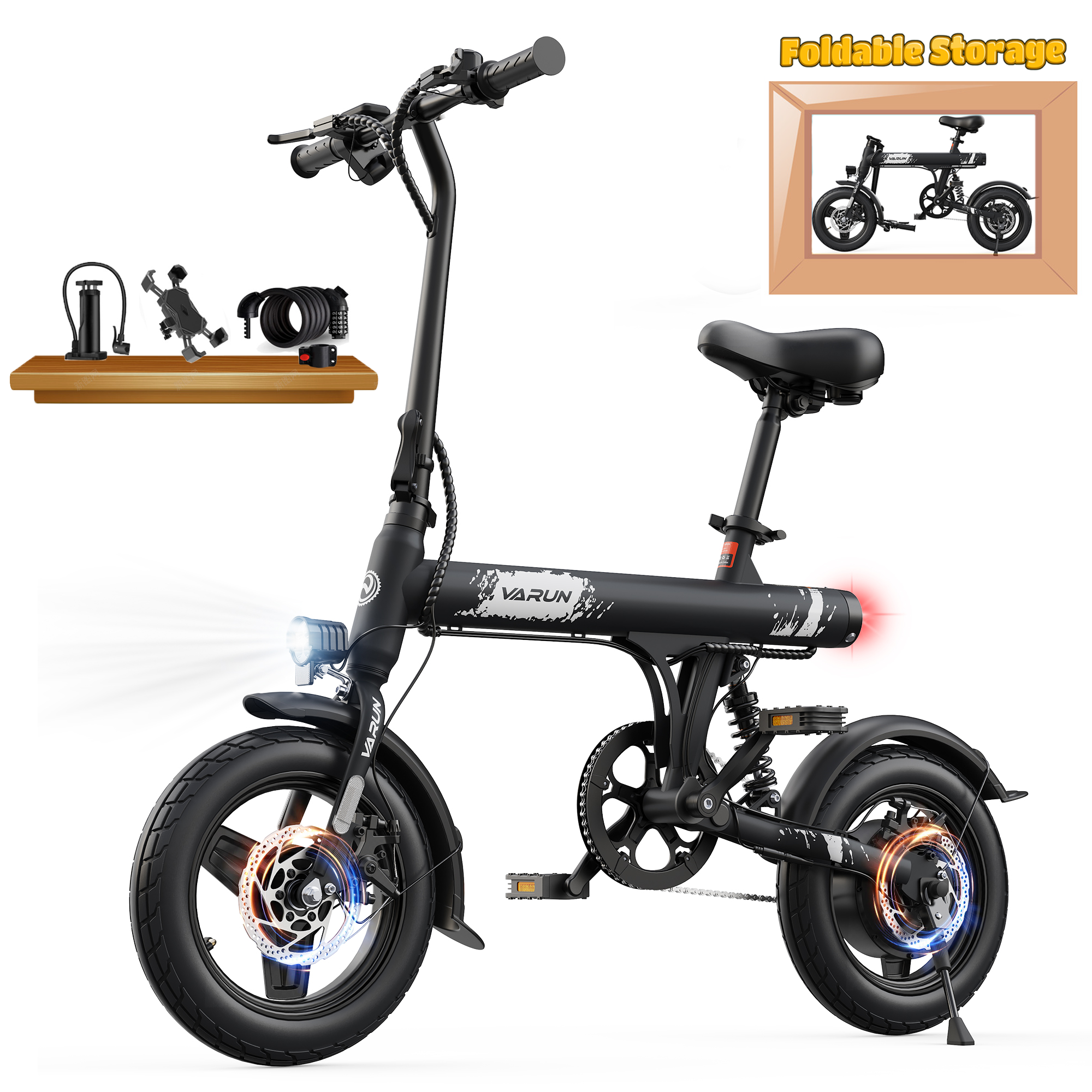 VARUN Electric Bike, 14" Folding EBike for Adults Teens, Peak 500W 36V 280.8Wh Battery, Mini Commuter City Ebike with Rear Shock Suspension up to 20MPH, 25Mile Range,UL2849