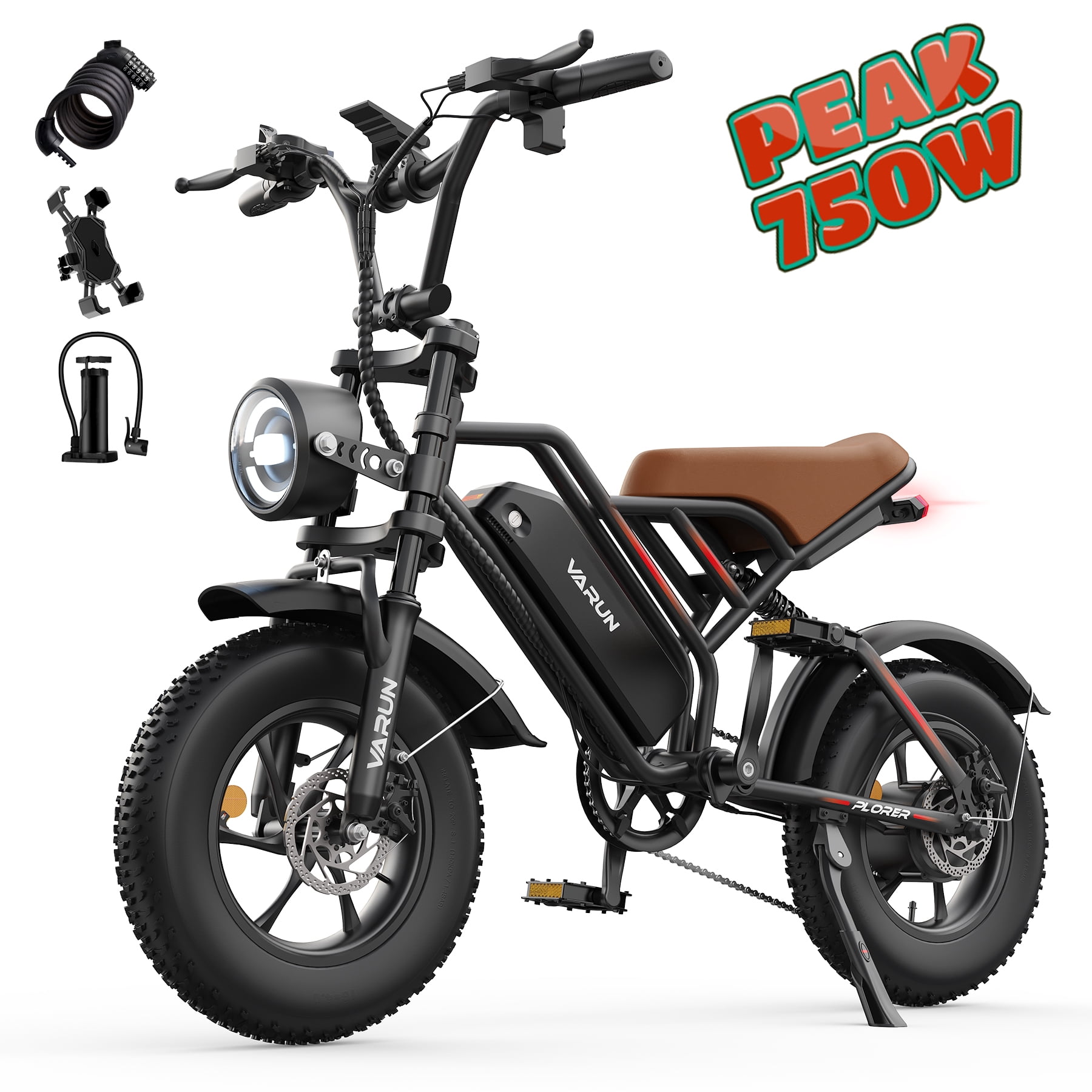 VARUN Electric Bike, 16" Fat Tire Electric Motorcycle, 750W Peak Motor, 48V 624Wh Removable Battery, Rear Turn Signal, up to 25+ mph, 7-Speed, Full Suspension Electric Dirt Bike for Adults, UL2849