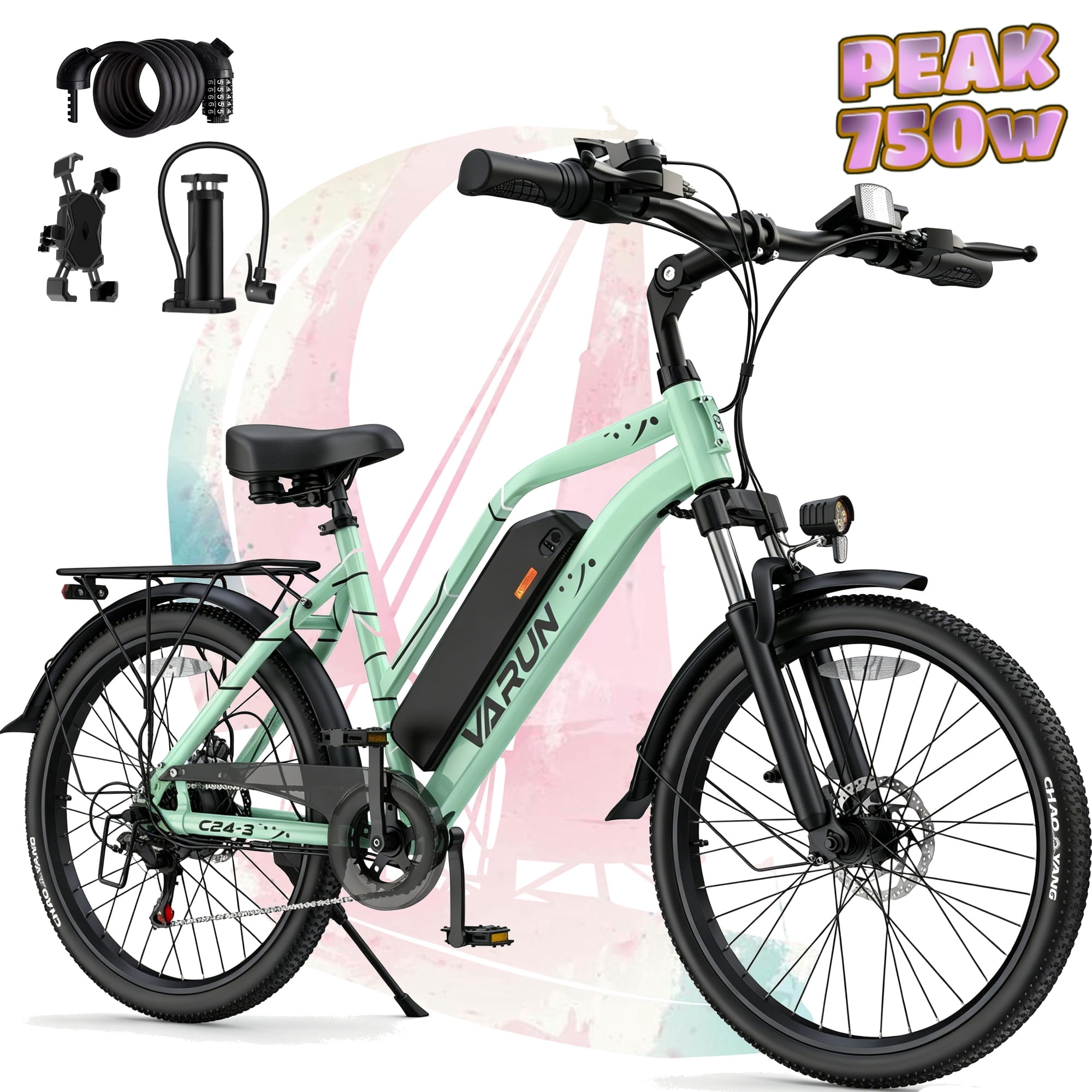 VARUN 24" Electric Bike for Adults - 750W Peak Motor, 48V Removable Battery (40 Miles Range), 20MPH, 7-Speed Gears, Dual Disc Brakes, LED Taillight - Commuter E-Bike for Men & Women, UL2849