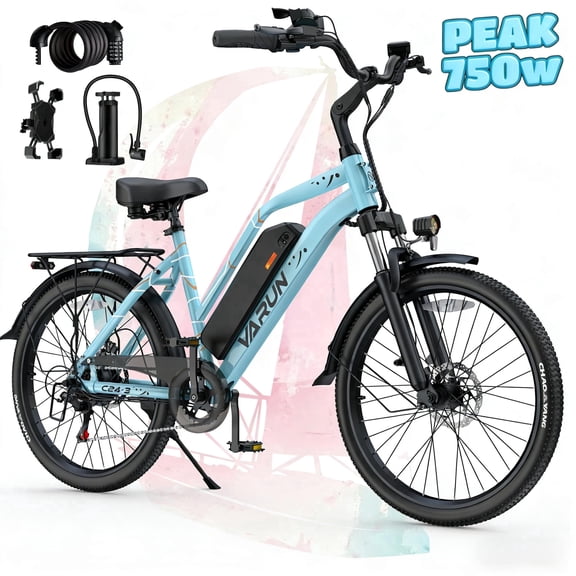 VARUN Electric Bike, 24" EBike with Peak 750W Motor, 48V 374.4Wh Removable Battery, Up To 20+MPH 40 Miles, 7-Speed Gears, Dual Disk Brakes, Taillight Reflector Electric Bicycle for Adult, UL2849