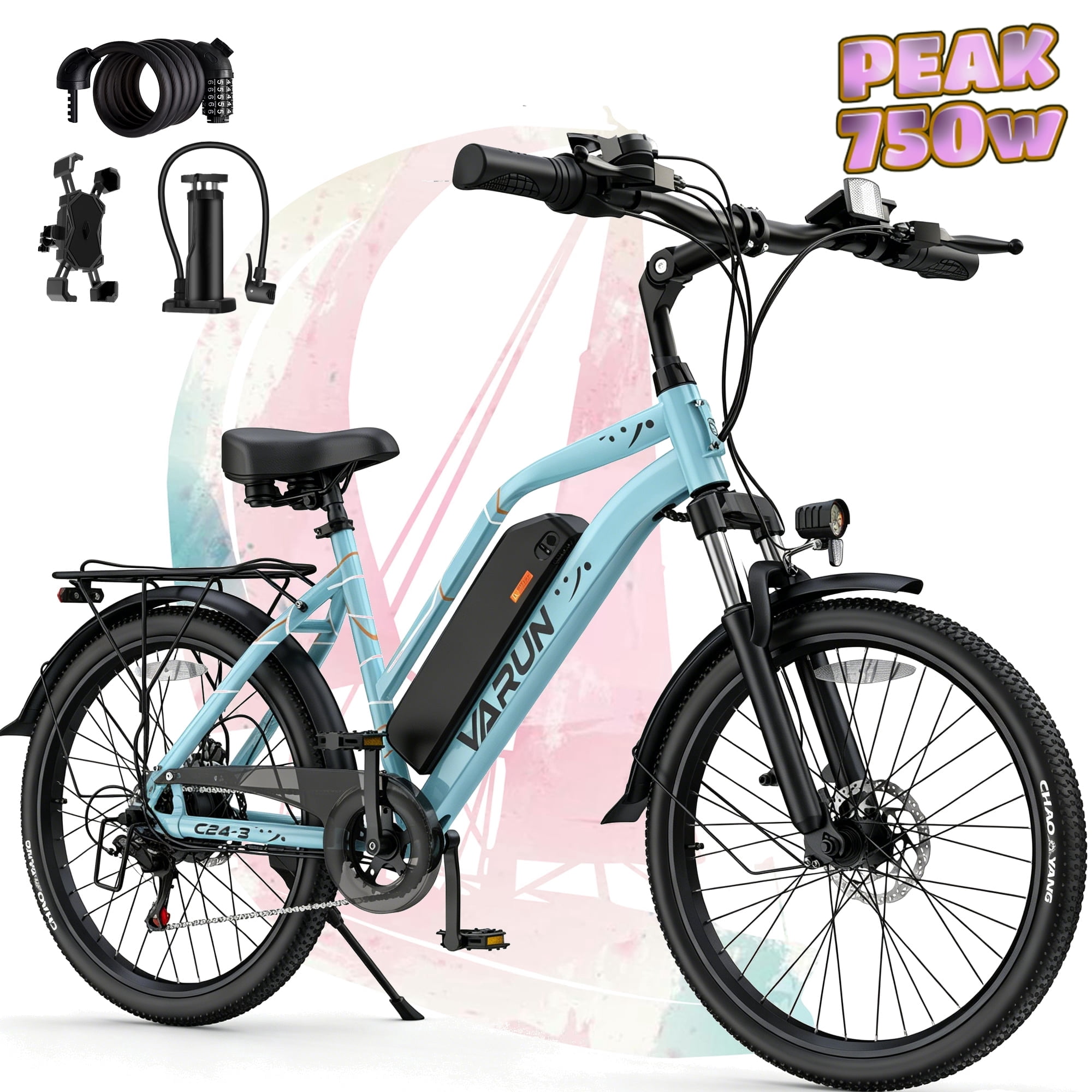 VARUN Electric Bike, 24" EBike with Peak 750W Motor, 48V 374.4Wh Removable Battery, Up To 20+MPH 40 Miles, 7-Speed Gears, Dual Disk Brakes, Taillight Reflector Electric Bicycle for Adult, UL2849