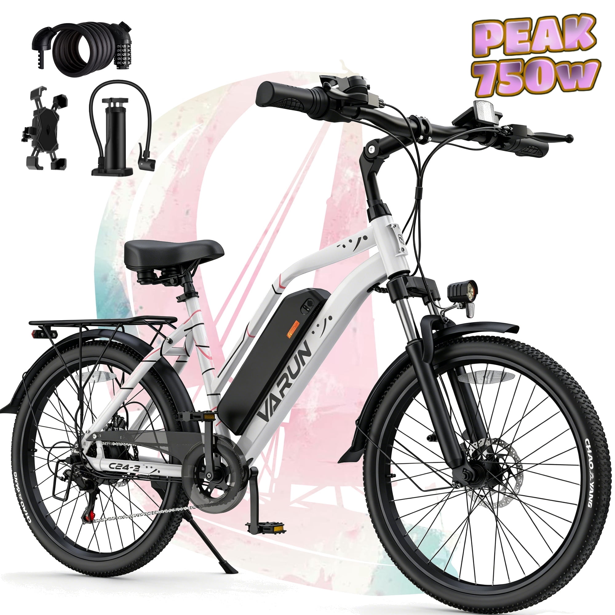 VARUN Electric Bike, 24" EBike with 750W Peak Motor, 48V 374.4Wh Removable Battery, 20+MPH, 7-Speed Gears, Includes Bike Pump, Phone Holder & Bike Lock - Commuter E-Bike for Men & Women, UL2849
