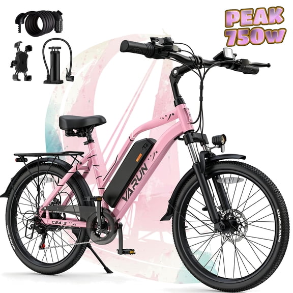 VARUN Electric Bike, 24" EBike with 750W Peak Motor, 48V 374.4Wh Removable Battery, 20+MPH, 7-Speed Gears, Includes Bike Pump, Phone Holder & Bike Lock - Electric Bicycle for Adults, UL2849