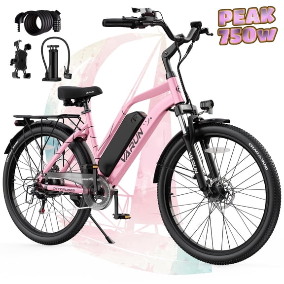 VARUN Electric Bike, 24" EBike with 750W Peak Motor, 48V 374.4Wh Removable Battery, 20+MPH, 7-Speed Gears, Includes Bike Pump, Phone Holder & Bike Lock - Electric Bicycle Pink for Adults, UL2849