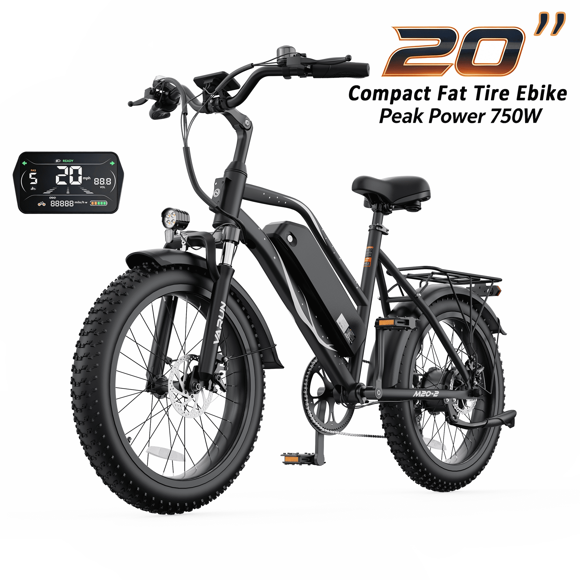 VARUN Electric Bike, 20" Fat Tire EBike for Adults with Peak 750W 48V 624Wh Removable Battery, Electric Mountain Bike for Men & Women with Top 20MPH 60Miles,7 Speed, Rear Rack, UL2849