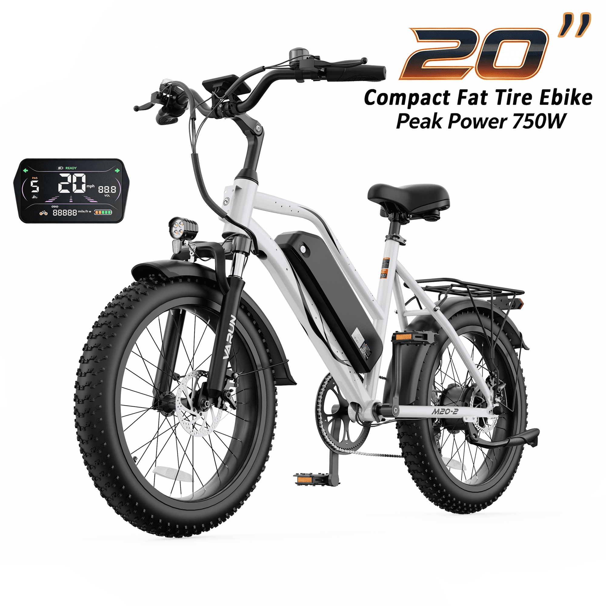 VARUN Electric Bike, 20" Fat Tire EBike for Adults with Peak 750W 48V 624Wh Removable Battery, Electric Mountain Bike for Men & Women with Top 20MPH 60Miles,7 Speed, Rear Rack, UL2849