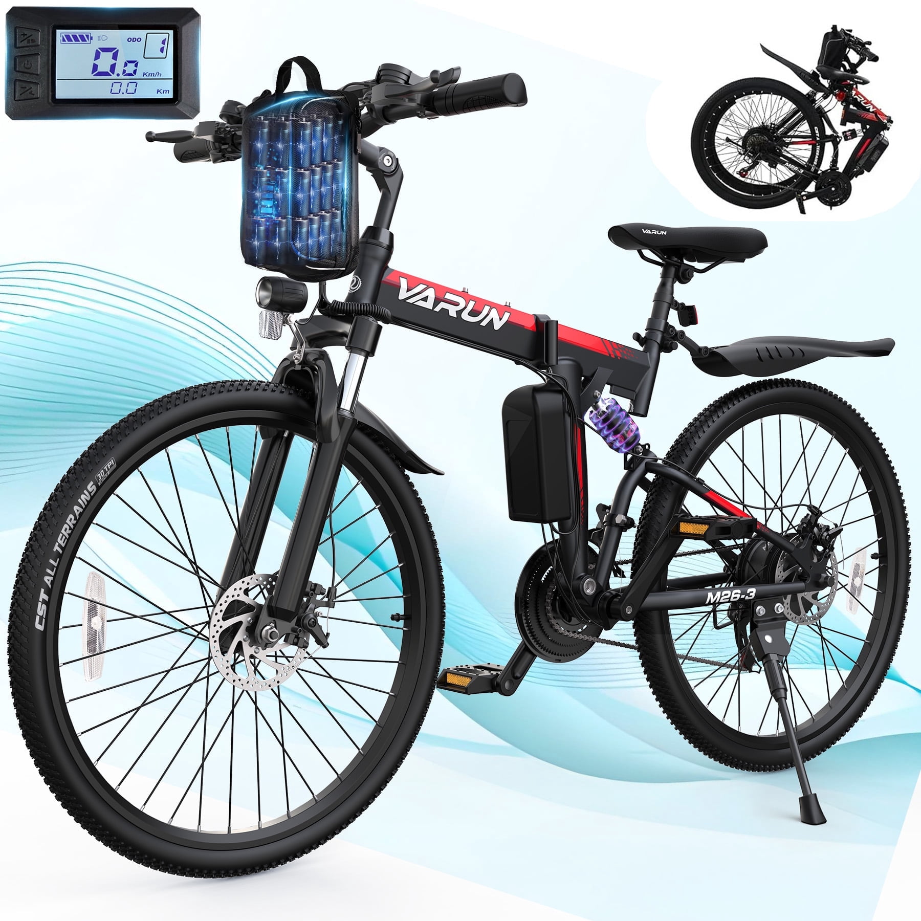 VARUN Electric Bike for Adults, 26" Foldable E-Bike with Peak 750W Motor, 48V 374.4Wh Removable Battery, Up To 20+MPH 50 Miles, 21-Speed Gears, Full Suspension System, Folding Electric Mountain Bike