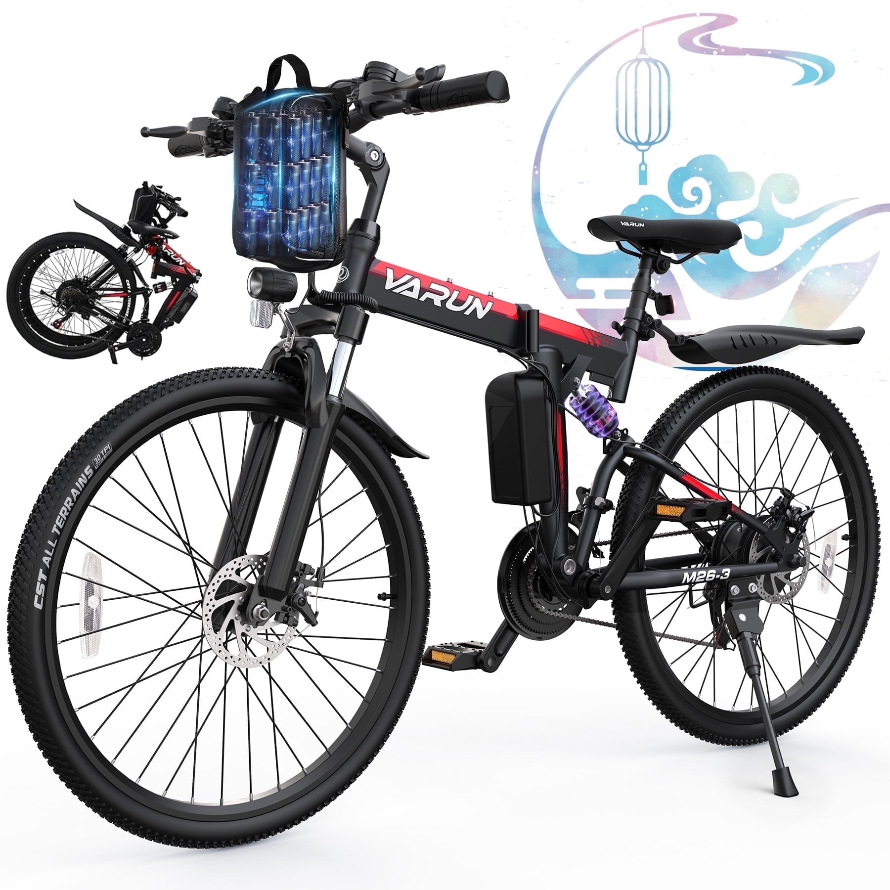 VARUN Electric Bike for Adults, 26" Foldable E-Bike with Peak 750W Motor, 48V 374.4Wh Removable Battery, Up To 20+MPH 50 Miles, 21-Speed Gears, Full Suspension System, Folding Electric Mountain Bike