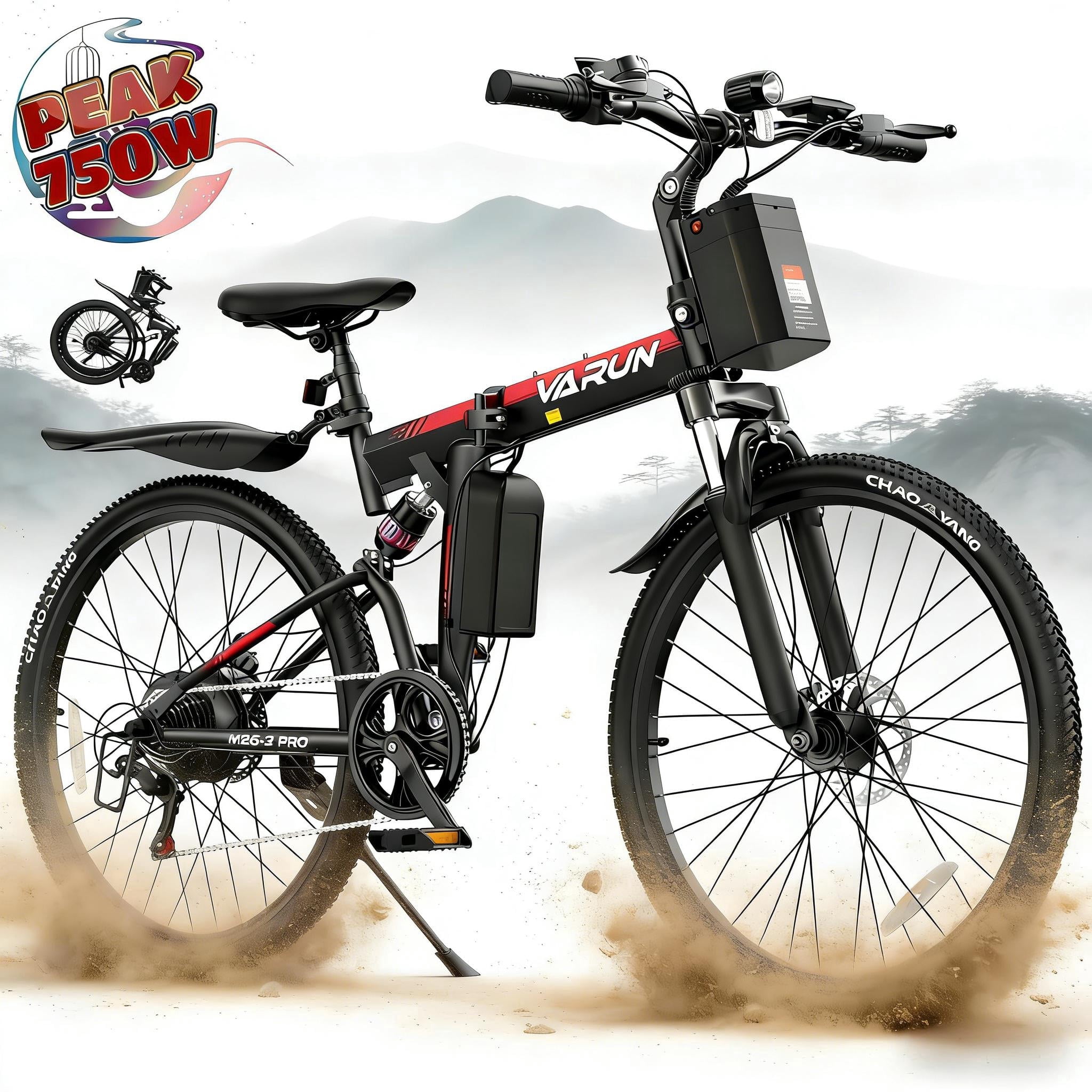 VARUN 26" Electric Bike for Adults, Foldable Electric Mountain Bike, Peak 750W Motor, Up to 20 mph, 48V 374.4Wh Battery, 5-Level Pedal Assist, 7-Speed, UL2849