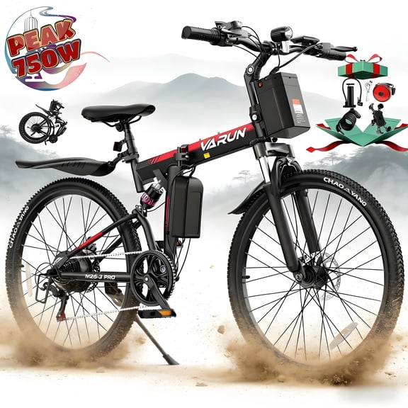 VARUN 26" Electric Bike for Adults, Foldable Electric Mountain Bike, Peak 750W Motor, Up to 20 mph, 48V 374.4Wh Battery, 5-Level Pedal Assist, 7-Speed, UL2849