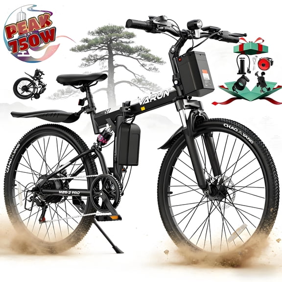 VARUN Electric Bike, 26" Foldable Ebike, Peak 750W Motor, 48V 374.4Wh Battery, up to 20+mph 50 Miles, 7 Speeds with Bike Pump, Phone Holder & Bike Lock & Rear Light, E Bike for Adult, UL2849(Black)