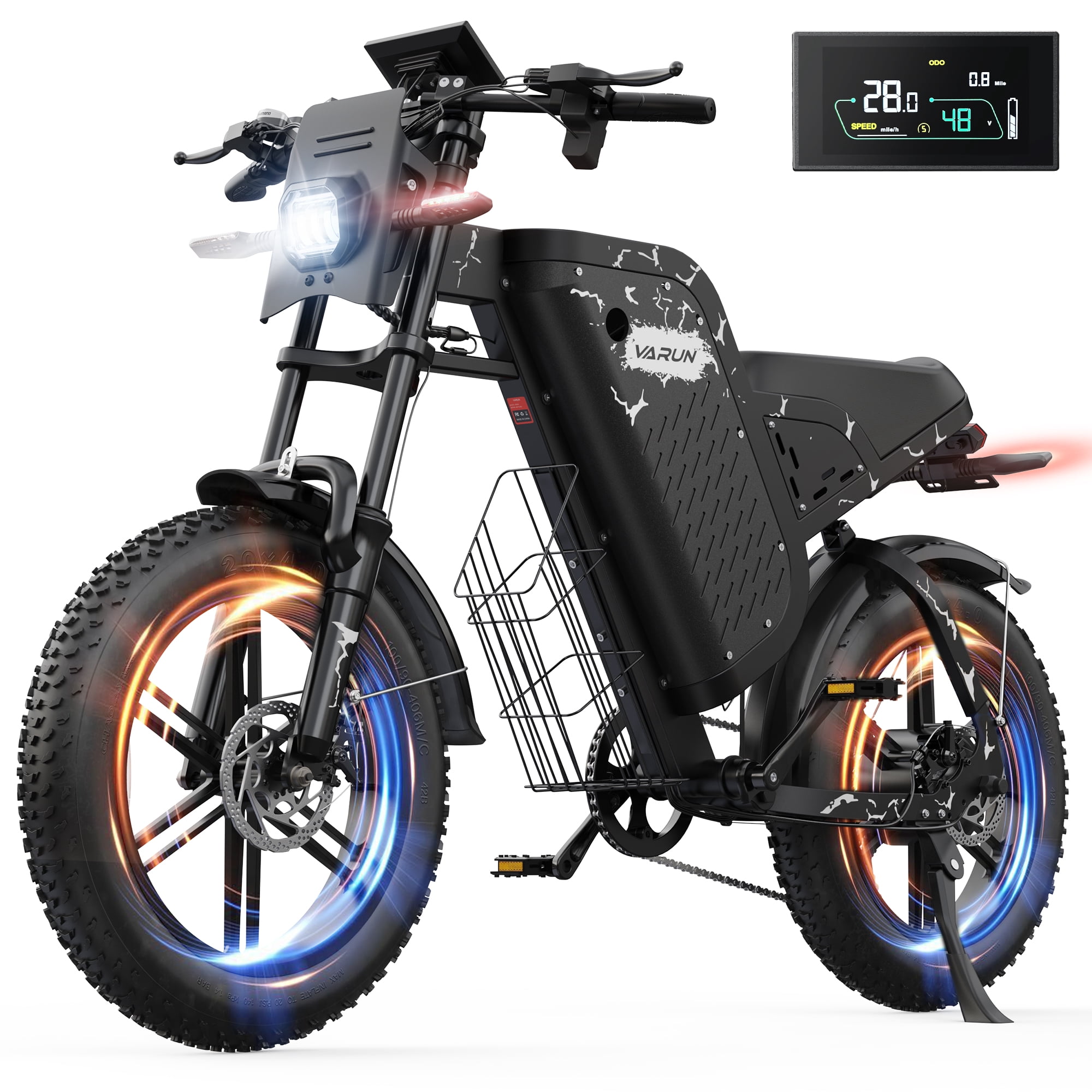 VARUN Electric Bike, 20" Fat Tire Ebike for Adults with Peak 1000W 48V 20.8/31.5Ah Battery, Top 28MPH, 60/87+Miles, E-Mountain Bikes with Suspension, Turn Signals, 7-Speed, UL2849