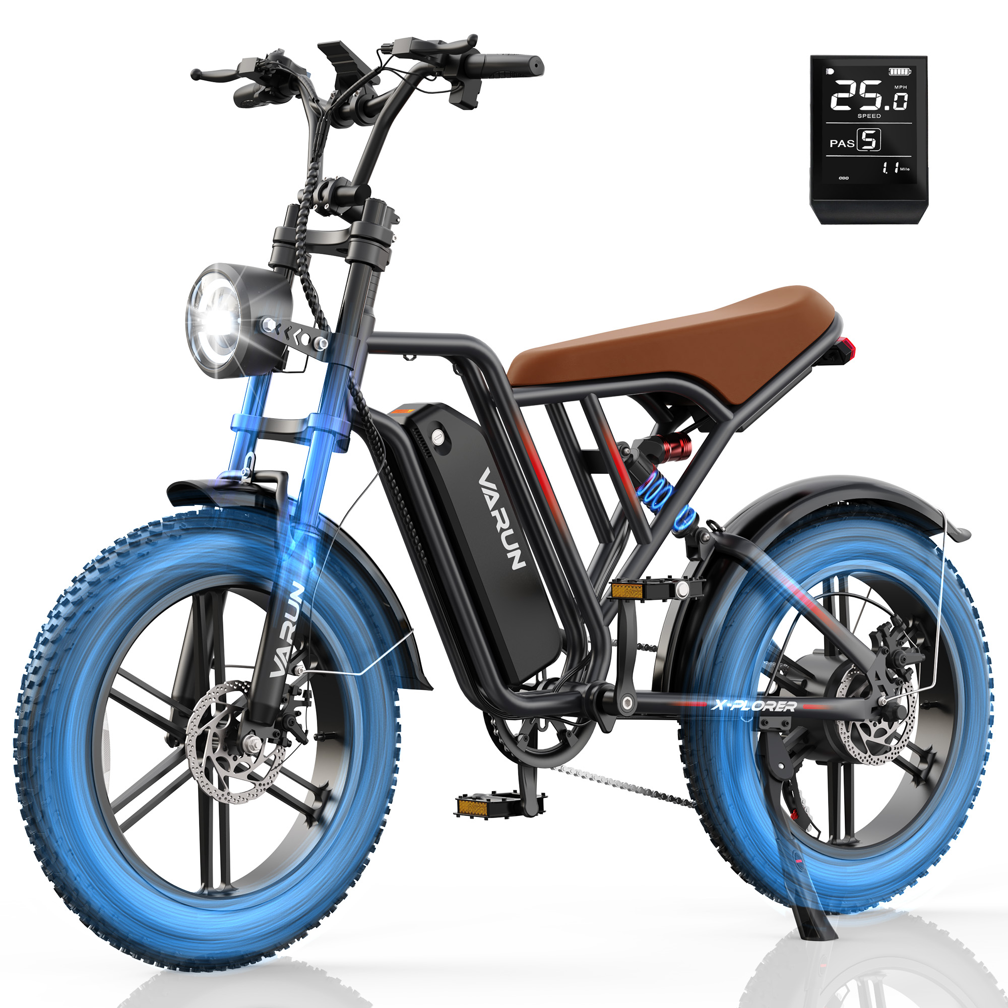 VARUN Electric Bike, Peak 750W Adult Mountain Ebike with 48V 624Wh Battery, up to 25MPH, Full Suspension, 20" Fat Tire Electric Motorcycle Bicycle with Signals Long Seat