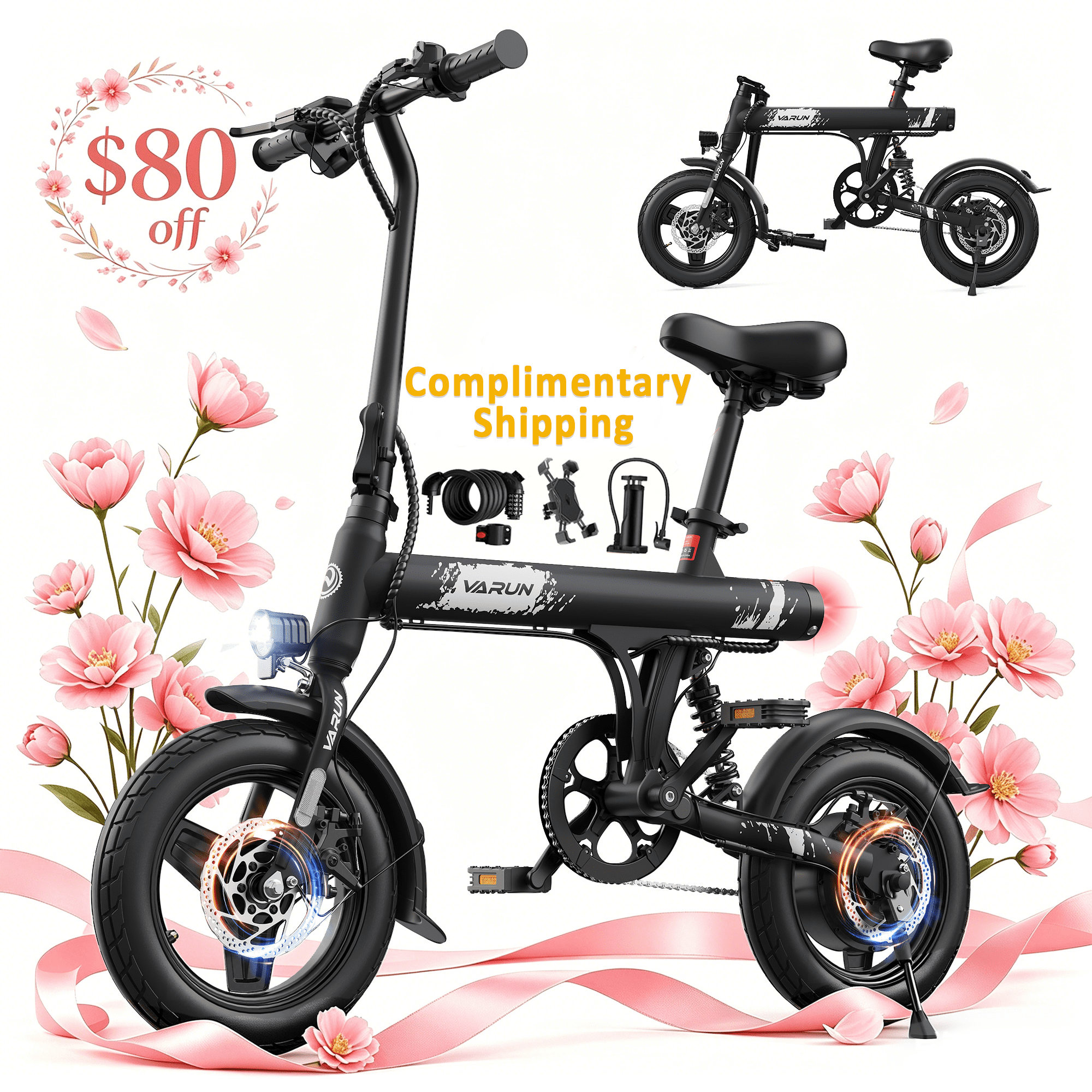 VARUN Electric Bike, 14" Folding EBike for Adults, Peak 500W 36V 280.8Wh Battery, Compact Ebike with Front Suspension up to 20MPH, UL2849