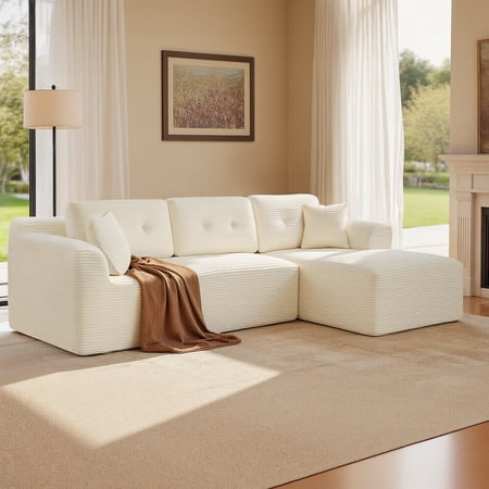 VASAGLE 108.3 Inches Boneless Couch with Chaise, Modular Sectional Sofa, Modern Cloud Couch with Deep Seat, L-Shape Corduroy Sofa for Living Room, Right-Facing Chaise, Bedroom, Cream White