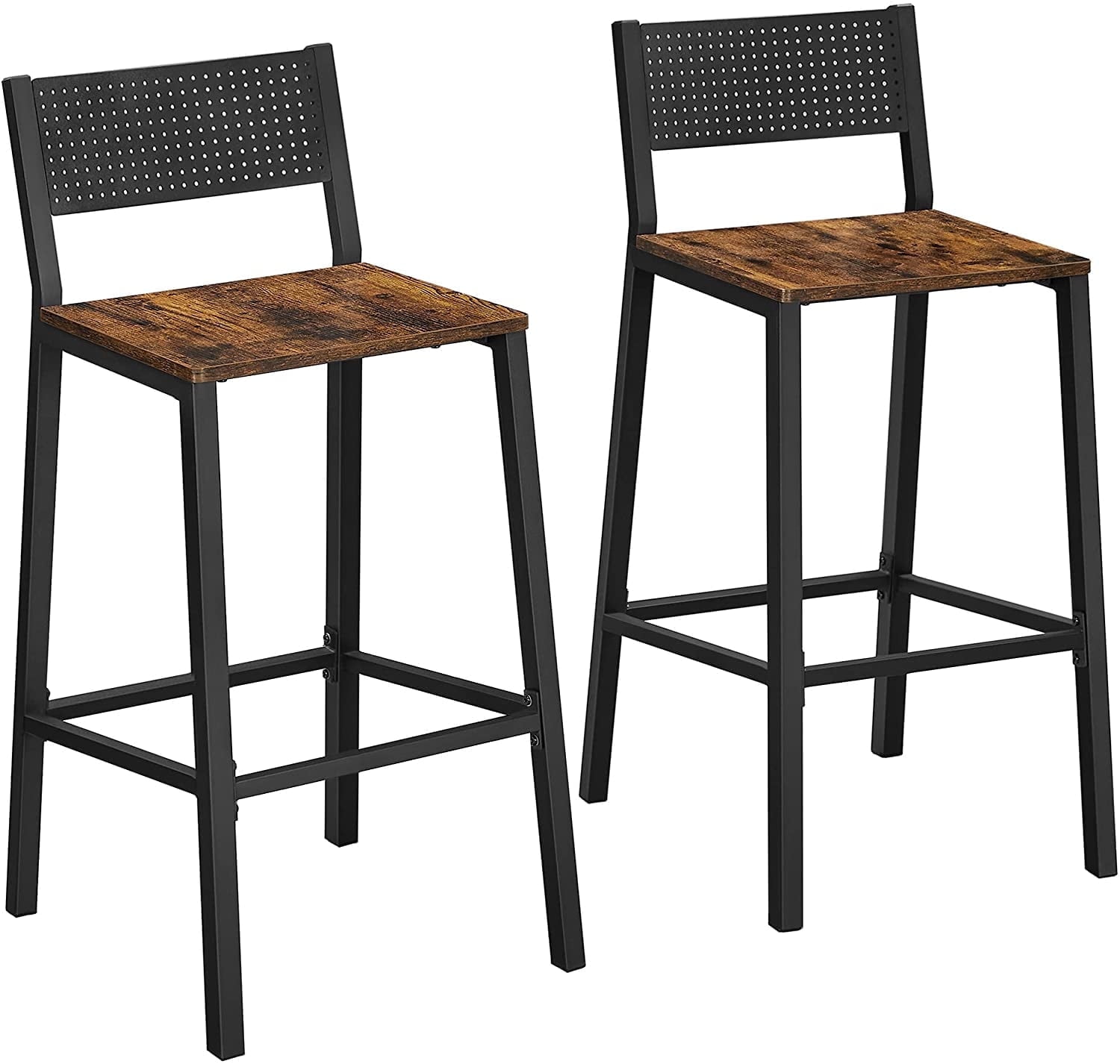 Rustic Brown and Black Metal Bar Stools with Backrest