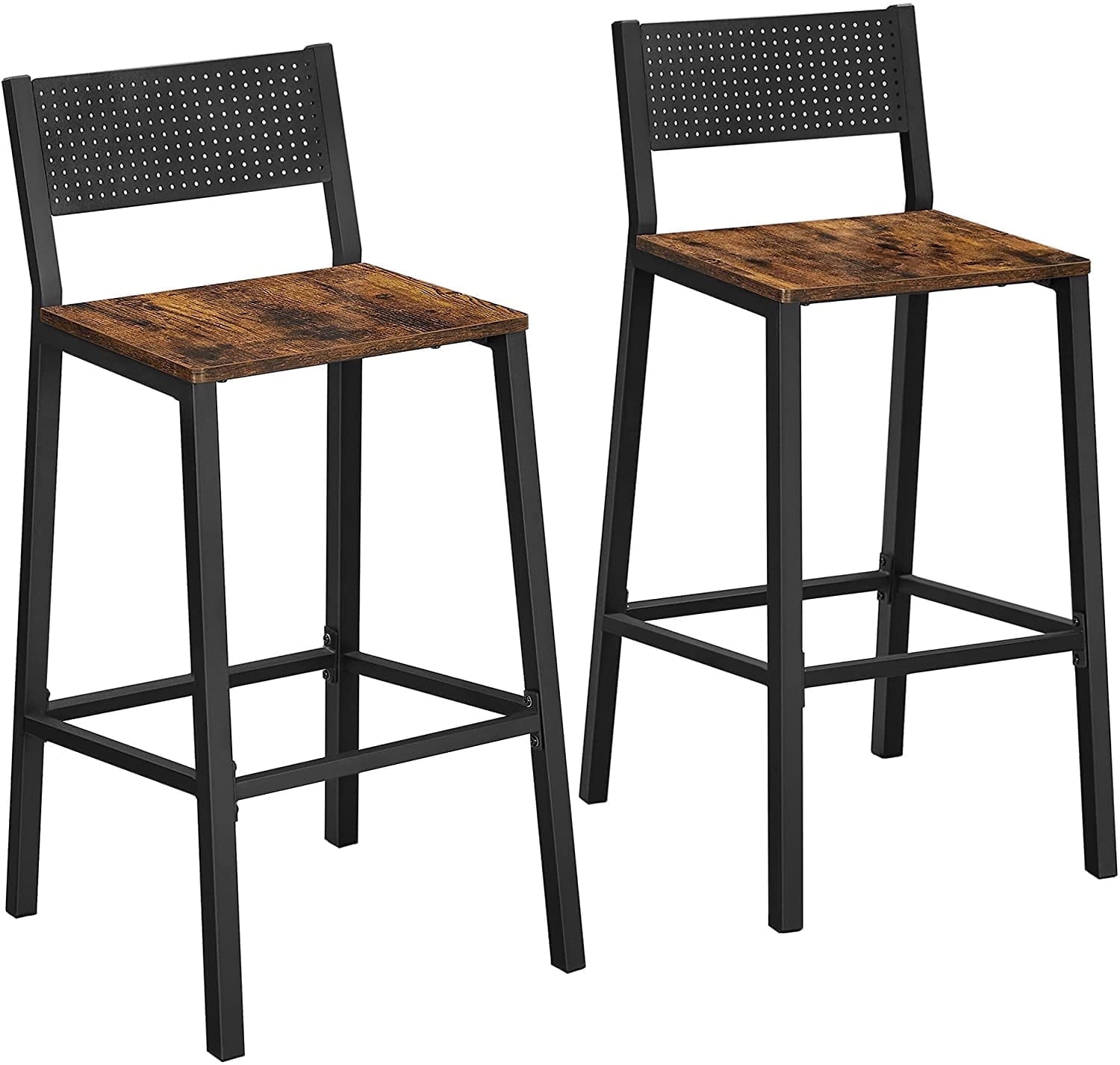 Rustic Brown and Black Metal Bar Stools with Backrest