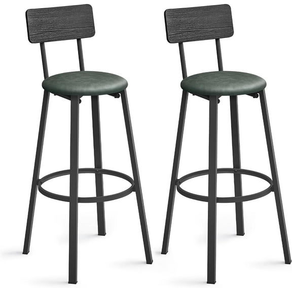 VASAGLE 2 Pack Bar Stools, PU Upholstered Breakfast Stools, 29.7'' Barstools with Back and Footrest