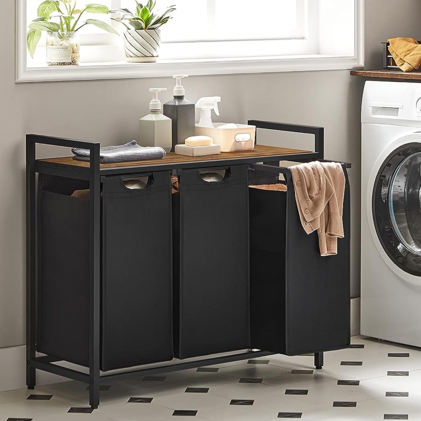 Rustic Brown and Black 3-Section Laundry Hamper with Shelf