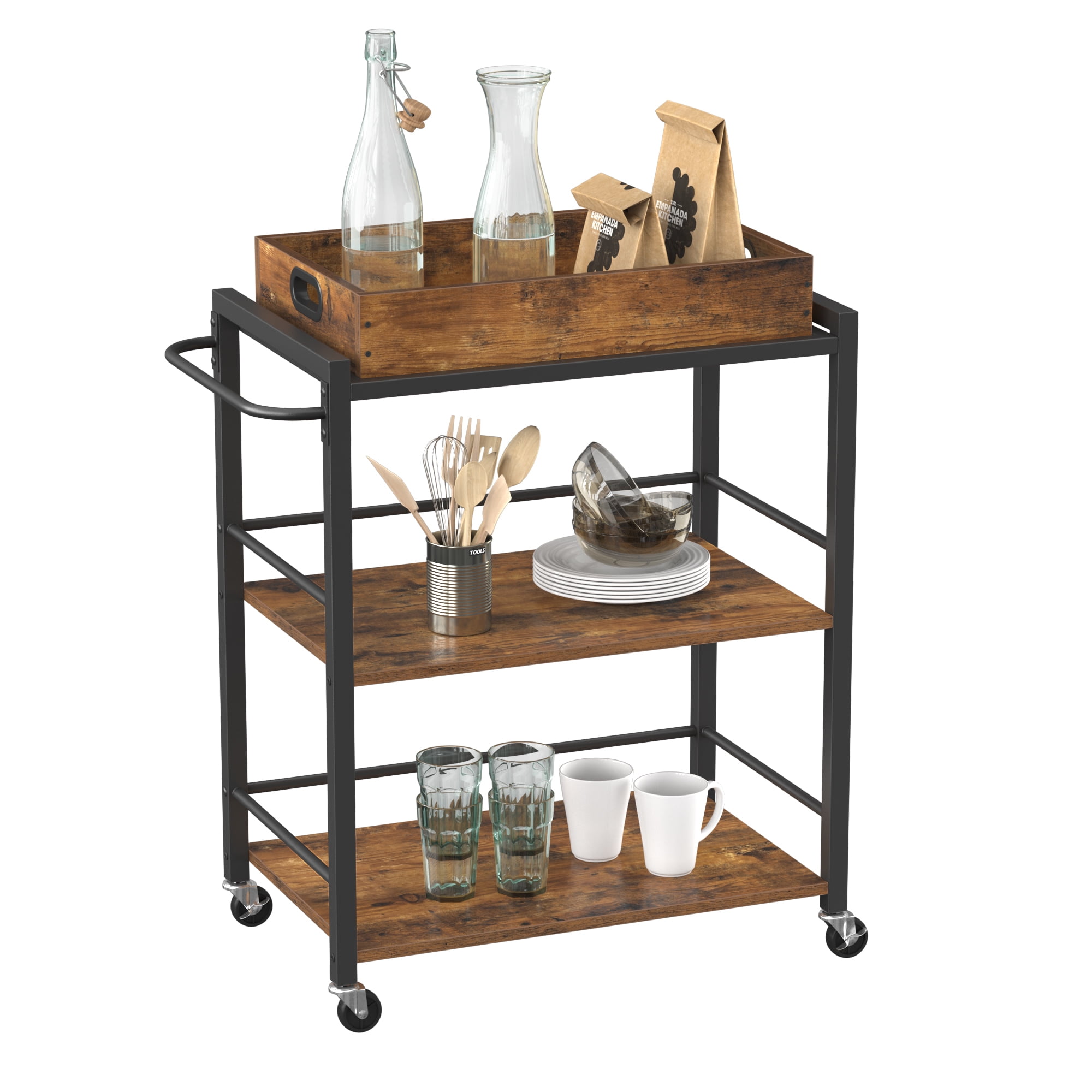 Rustic Brown and Black 3-Tier Industrial Bar Cart with Storage