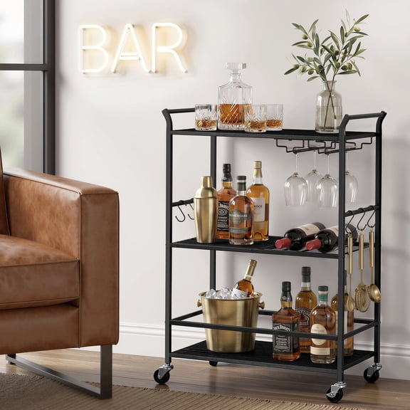 VASAGLE 3-Tier Bar Cart, Steel Serving Cart on Wheels with Wine Rack and Glass Holder, 25.4 x 12.6 x 33.7 Inches, Black, Barnet Collection