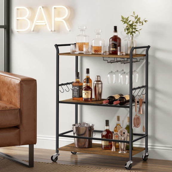 VASAGLE 3-Tier Bar Cart, Steel Serving Cart on Wheels with Wine Rack and Glass Holder, 25.4 x 12.6 x 33.7 Inches, Rustic Brown, Barnet Collection