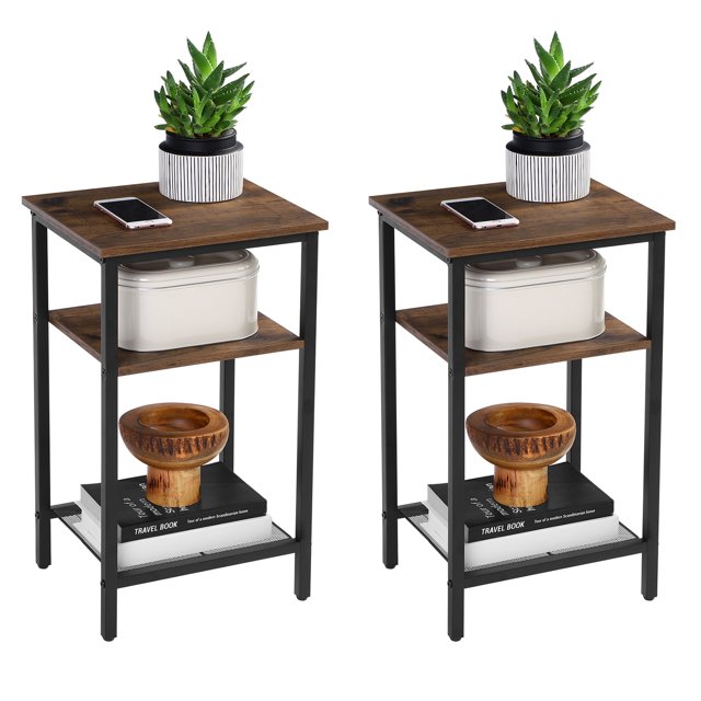 VASAGLE 3Tier End Table Nightstands Set of 2 Side Table with Storage Shelf for Living Room