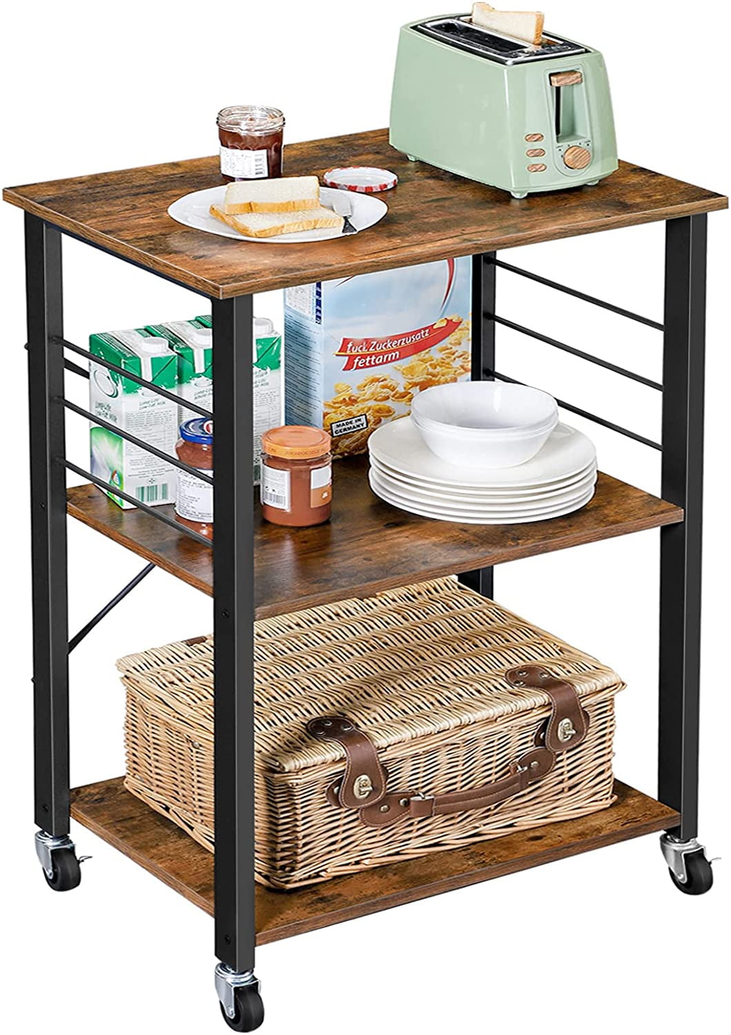 VASAGLE 3Tier Kitchen Shelf on Wheels, Serving Cart, Kitchen Cart