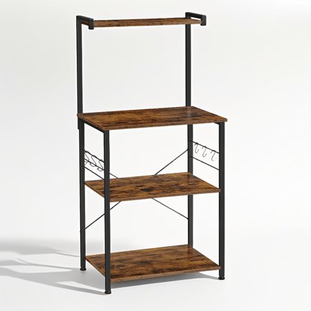 VASAGLE 3-Tier Kitchen Storage Shelf, Bakers Rack with 6 S-Hooks, Room, Rustic Brown and Black