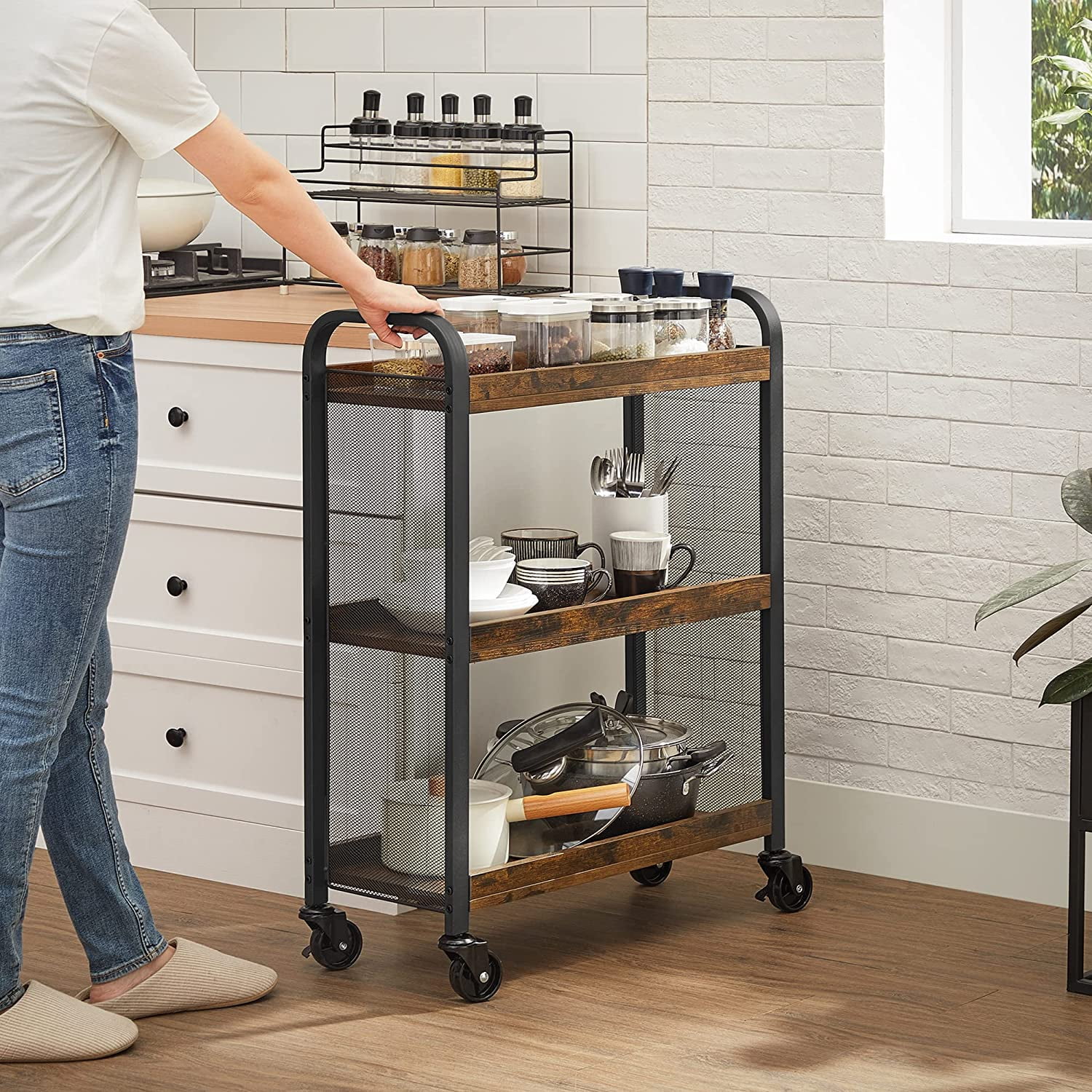 Rustic Brown and Black 3-Tier Rolling Kitchen Cart with Storage
