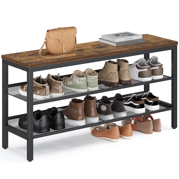 VASAGLE 3 Tier Shoe Rack Bench, One Piece Shelves, Shoe Storage Organizer with Raised Edges, Easy Assembly, Rustic Brown and Matte Black