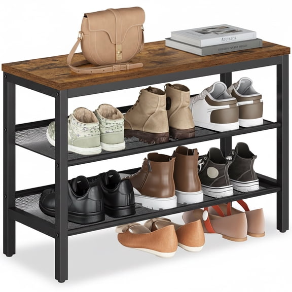 VASAGLE 3 Tier Shoe Rack Bench, One Piece Shelves, Shoe Storage Organizer with Raised Edges, Industrial, Easy Assembly, Rustic Brown and Matte Black