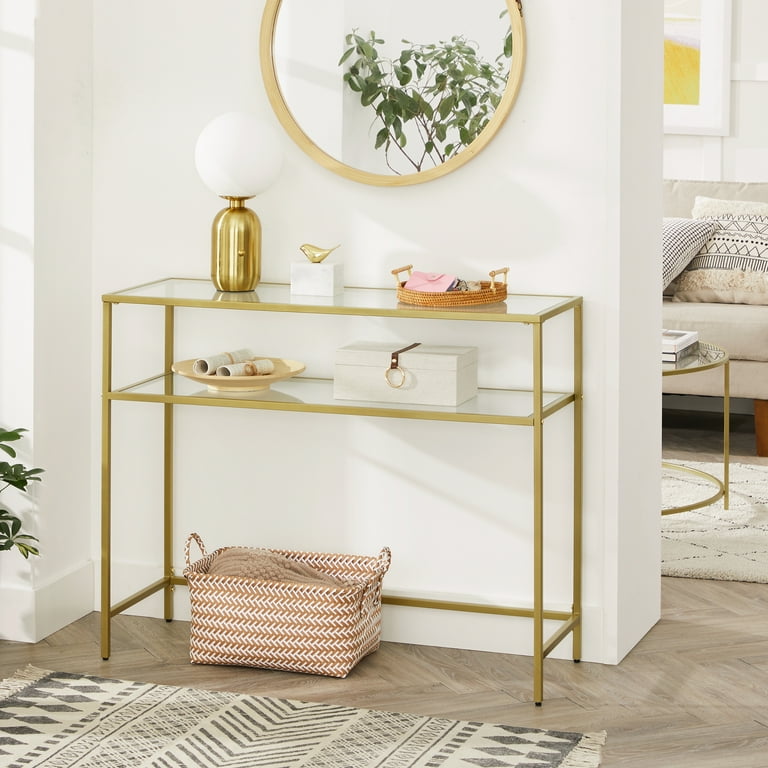 Console Table Modern Sofa or Entryway Table Tempered Glass Table Metal Frame 2 Shelves Adjustable Feet for Living Room Gold