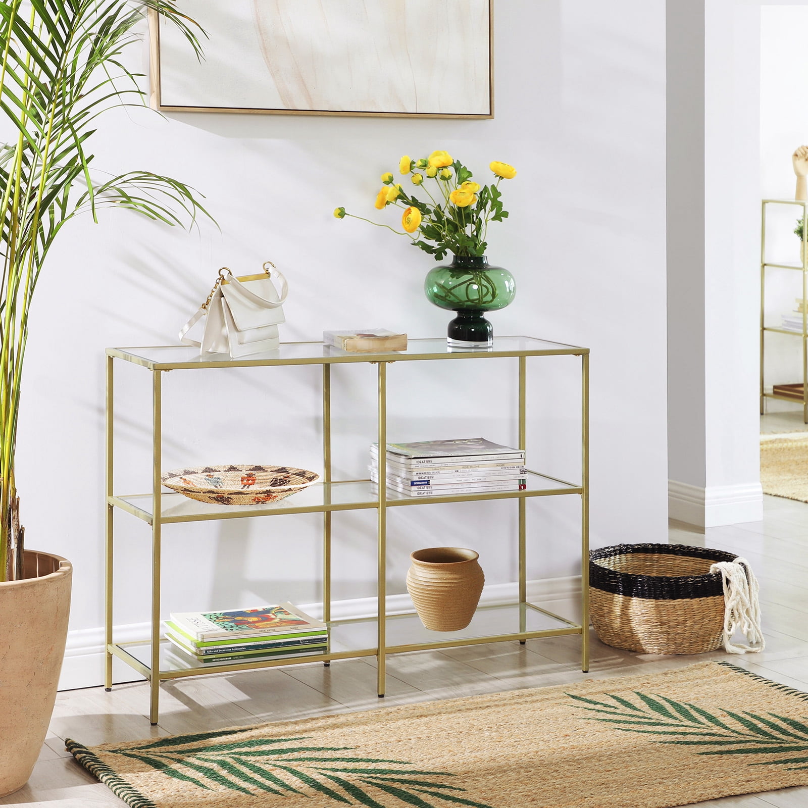 VASAGLE 39.4 Console Sofa Entryway Table Glass Table with Adjustable Feet Narrow Glass Table 3 Shelves for Bedroom Living Room Hallway Gold