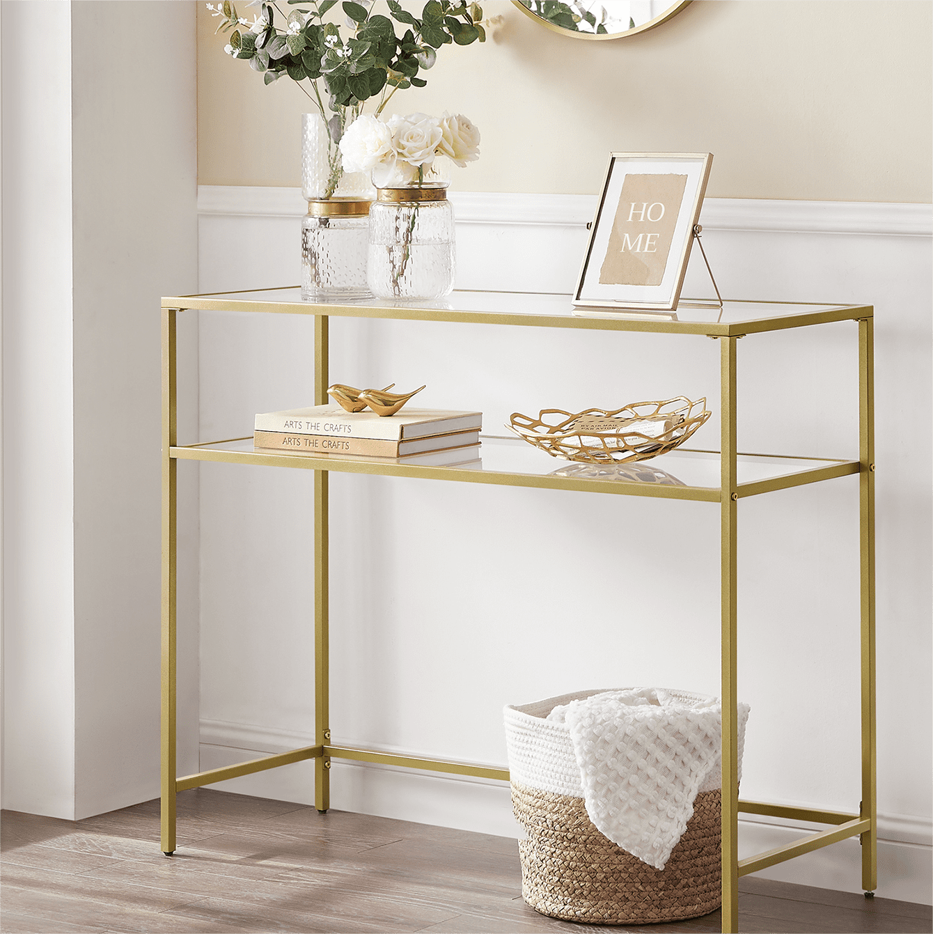 VASAGLE 39.4 Console Sofa Table Glass Gold Entryway Table 2 Shelves  Adjustable Feet Metal Frame for Living Room 
