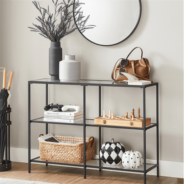 "VASAGLE 39.4"" Console Table, 3 Shelves, Metal Frame, Glass Shelf