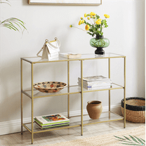 VASAGLE 39.4" Console Table with 3 Shelves Metal Frame Glass Shelf for Living Room Gold Entryway Table
