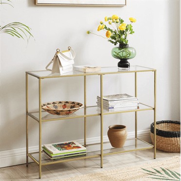 VASAGLE 39.4" Console Table with 3 Shelves Metal Frame Glass Shelf for Living Room Gold Entryway Table