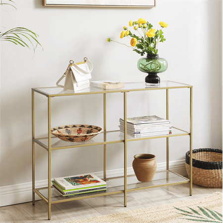 VASAGLE 39.4" Console Table with 3 Shelves Metal Frame Glass Shelf for Living Room Gold Entryway Table