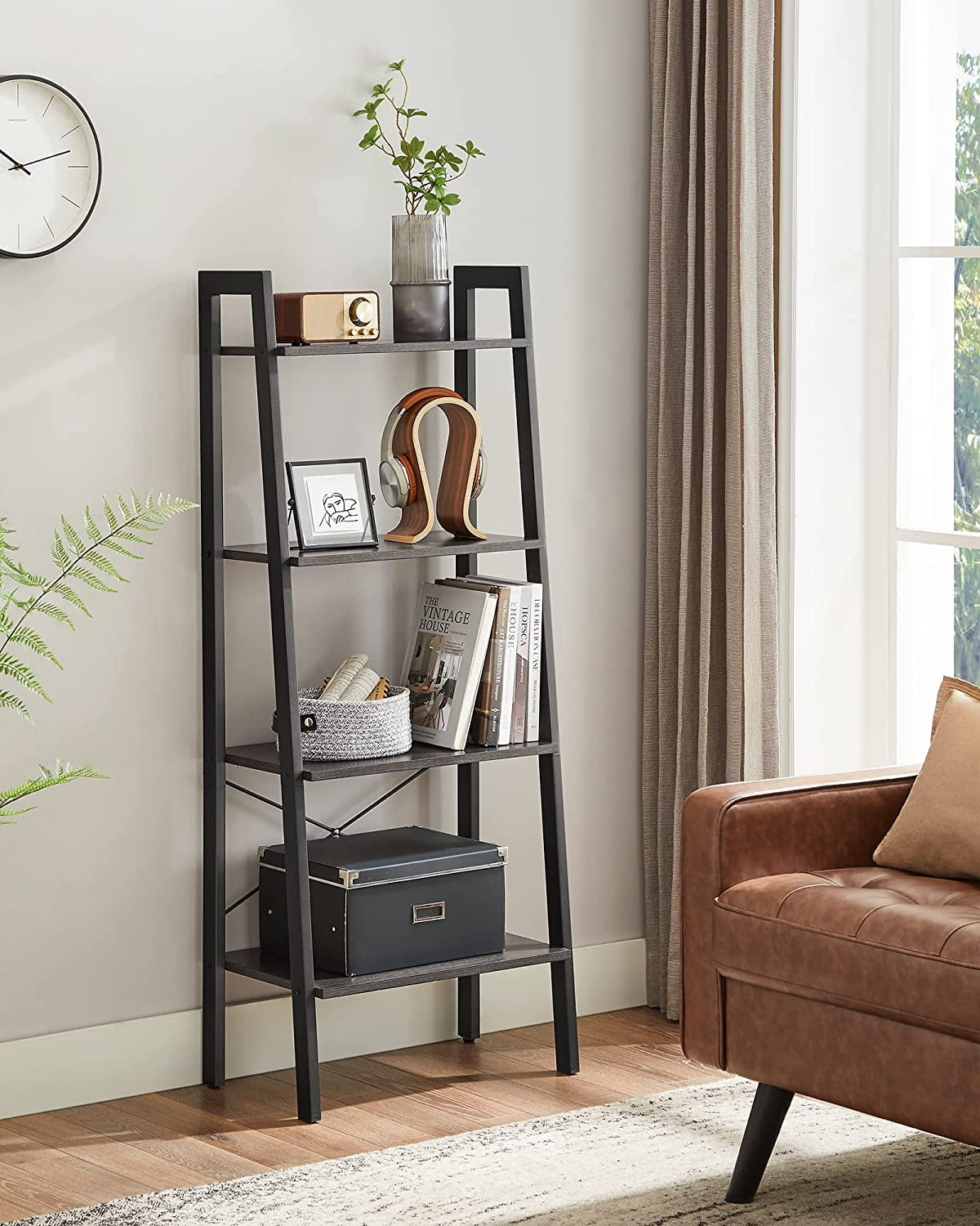 VASAGLE 4 Tier Ladder Shelf Ladder Bookshelf Bookcase Storage Rack with Steel Frame Hazelnut Brown and Black