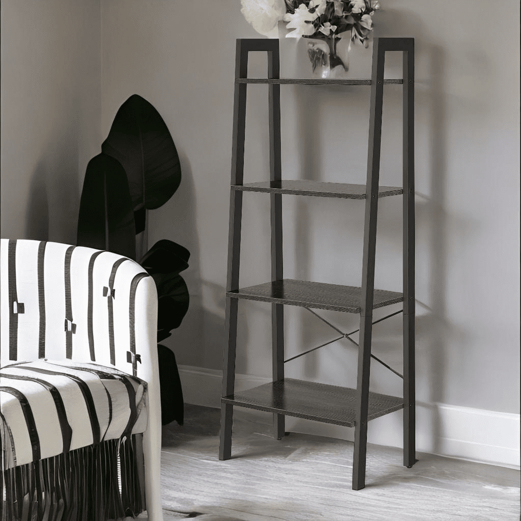 Charcoal Gray and Black 4-Tier Adjustable Ladder Shelf