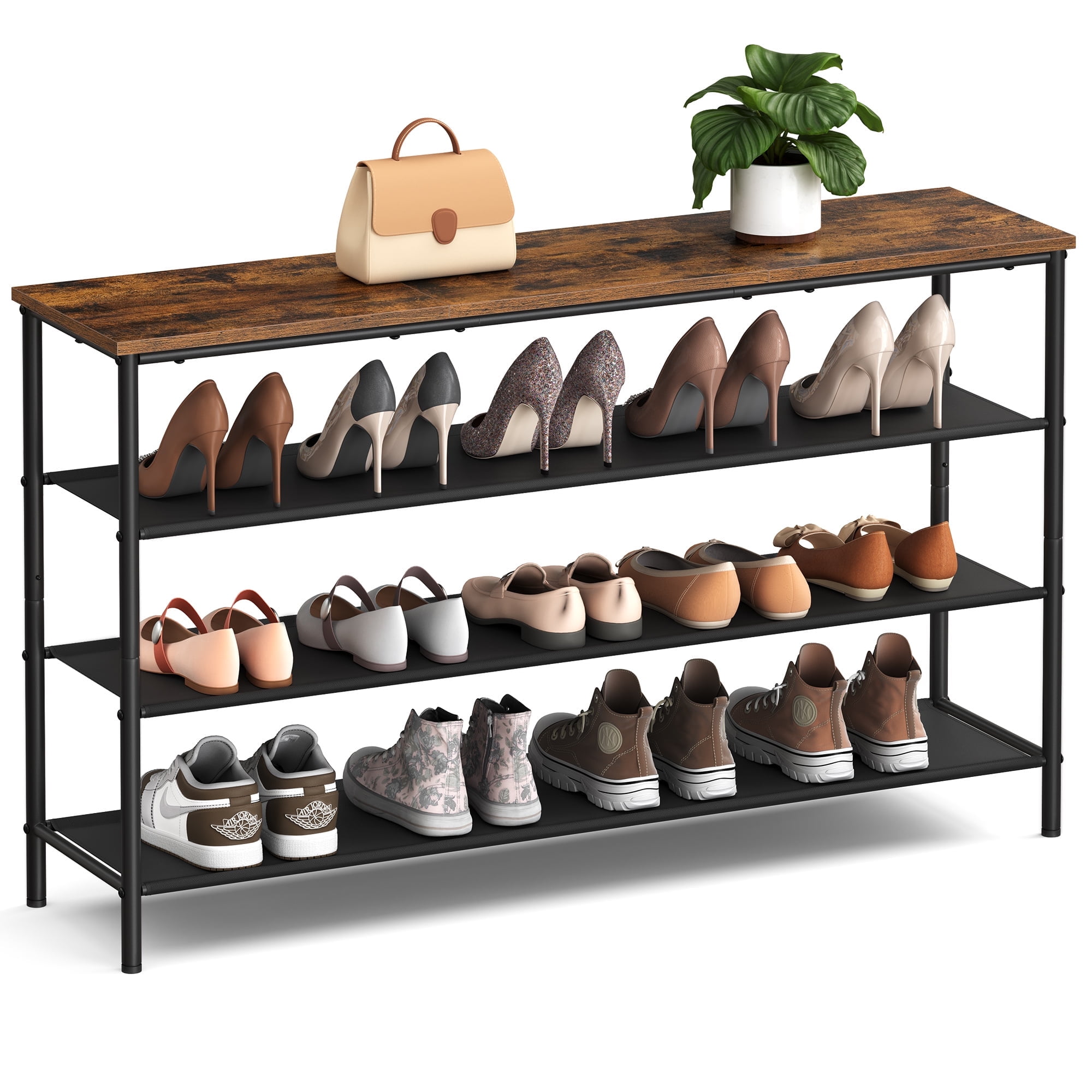 VASAGLE 4 Tier Shoe Rack for 15-18 Pairs,Shoe Organizer with Fabric Shelves and Wooden Top,  Rustic Brown/Black