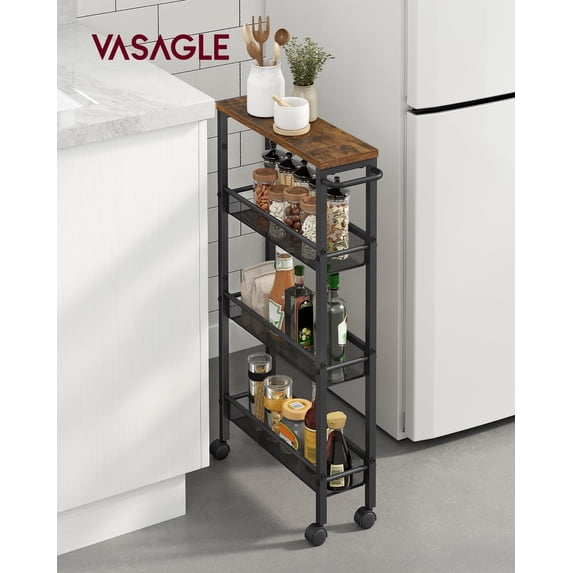 VASAGLE Rolling Cart, 4-Tier Utility Cart, Storage Cart with Handle, Metal Frame, for Kitchen, Dining Room, Living Room, Home Office, Rustic Brown and Black