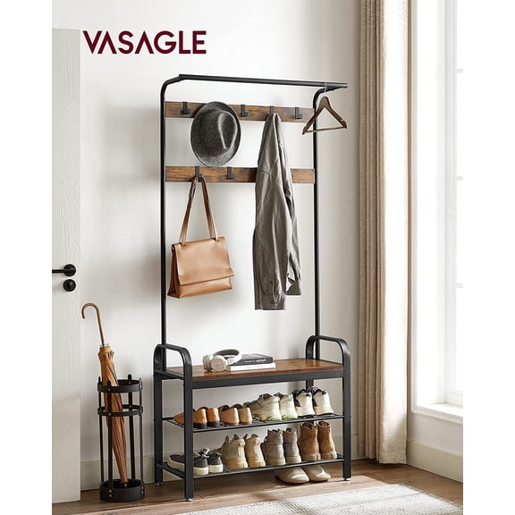 VASAGLE 4-in-1 Coat Rack Hall Tree with Shoe Bench for Entryway with 9 Removable Hooks 13.3 x 33.1 x 72.1 Inches Rustic Brown and Black