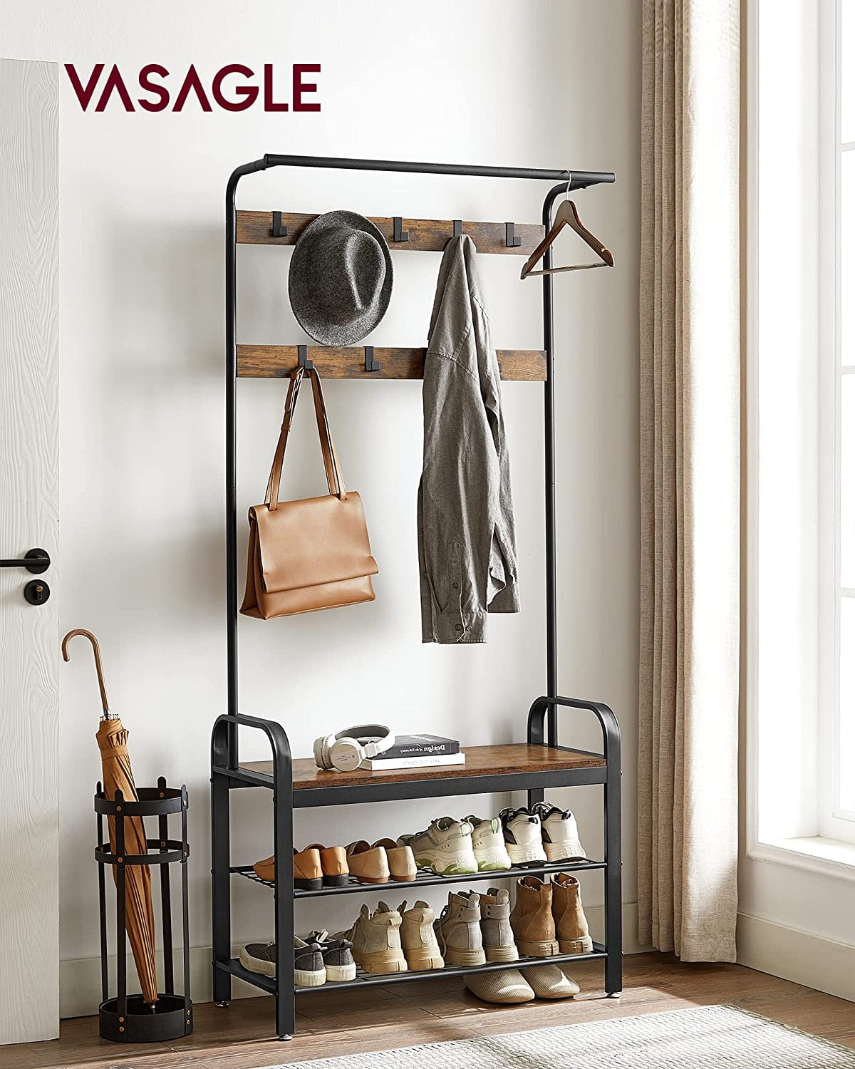 Rustic Brown and Black Hall Tree with Storage Bench
