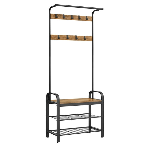 VASAGLE 4-in-1 Hall Tree Coat Rack with Shoe Bench - Entryway Storage Organizer, Rustic Walnut and Black