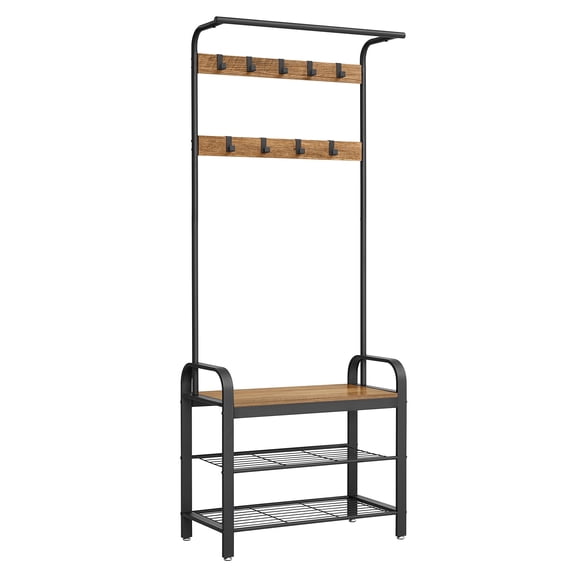 VASAGLE 4-in-1 Hall Tree Coat Rack with Shoe Bench - Entryway Storage Organizer, Rustic Walnut and Black